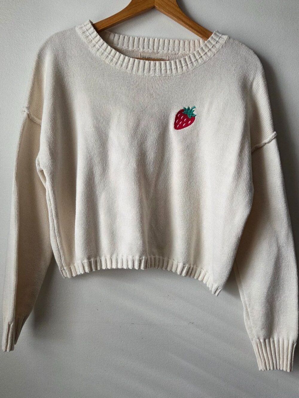 EUC HAPPILY GREY CREAM COTTON BLEND STRAWBERRY EMBROIDERED SWEATER M